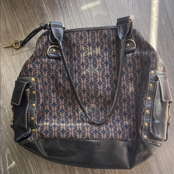 Brown fossil Y2K gold hardware vintage  and Black Designer Tote Bag - Picture 1 of 5